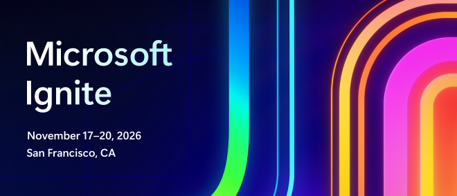 Microsoft Ignite banner, glowing logo, dates and location