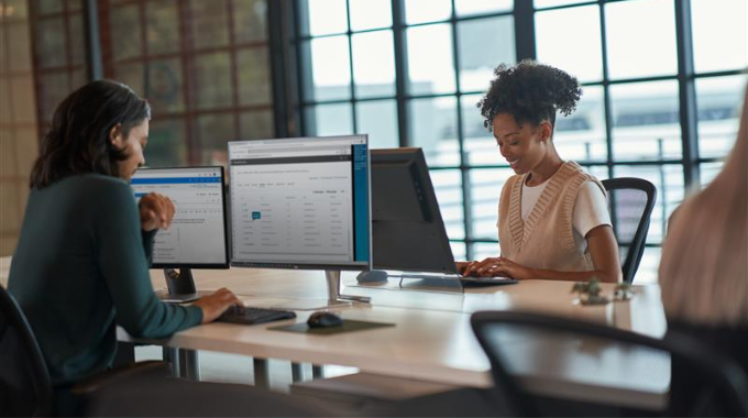 People working on computers at desks facing each other