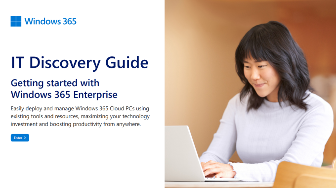 Woman working on computer with title of discovery guide on the left.